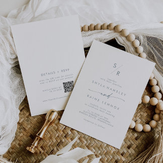 Boho Chic Slate Blue Monogram QR Code Wedding Invitation