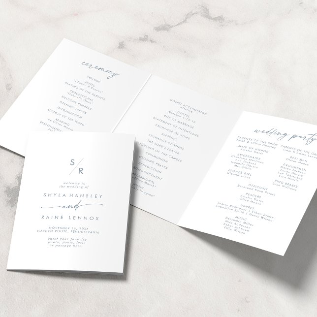 Boho Chic Slate Blue Monogram Wedding Tri-Fold Programme (Creator Uploaded)