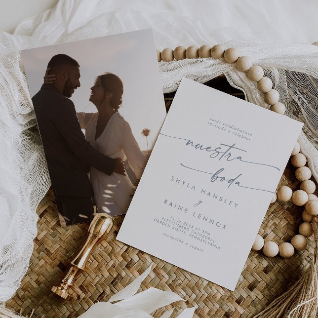 Boho Chic Slate Blue Photo Spanish Wedding Invitation (Creator Uploaded)