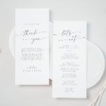 Boho Chic Slate Blue Thank You and Wedding Menu<br><div class="desc">This boho chic slate blue thank you and wedding menu is perfect for a minimalist wedding. The pale dusty blue and white modern bohemian design features simple rustic calligraphy with a unique yet classic style. Personalise the back of your menu table card with a thoughtful thank you note to your...</div>