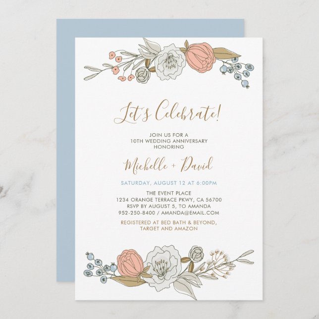 Boho Chic Spring Floral 10th Wedding Anniversary Invitation (Front/Back)