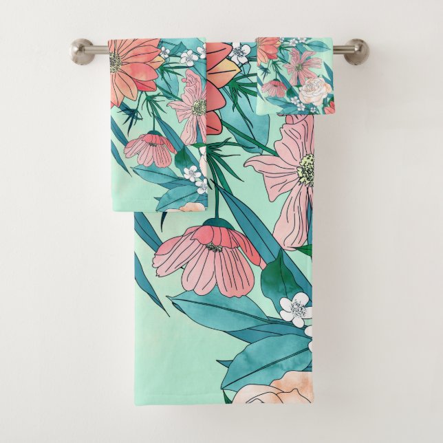 Boho chic spring garden flowers illustration bath towel set (Insitu)
