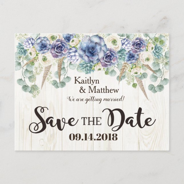 Boho Chic Succulent Eucalyptus Save the Date Announcement Postcard (Front)