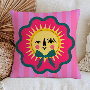 Boho Chic Sun Face Colourful Maximalist Striped Cushion