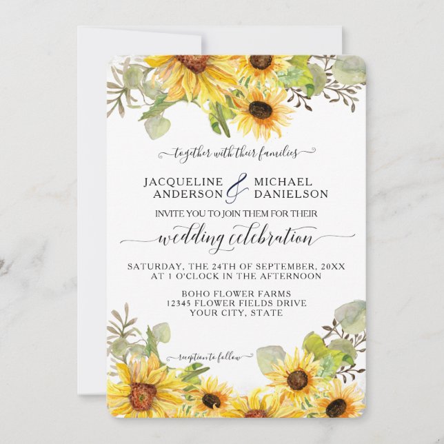 BOHO Chic Sunflower Floral Eucalyptus Leaf Wedding Invitation (Front)