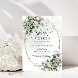 Boho Chic Sweet Sixteen Watercolor Greenery Invite