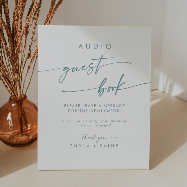 Boho Chic Teal and White Audio Guestbook Wedding Pedestal Sign (Creator Uploaded)