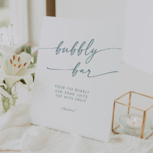 Boho Chic Teal and White Bubbly Bar Wedding Pedestal Sign