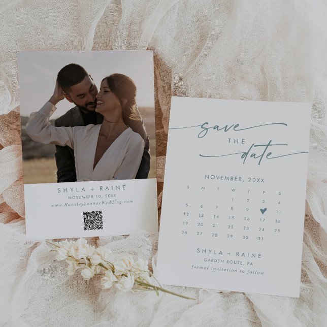 Boho Chic Teal and White QR Code Photo Calendar Save The Date (Creator Uploaded)
