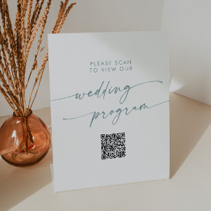 Boho Chic Teal and White QR Code Wedding Program Pedestal Sign