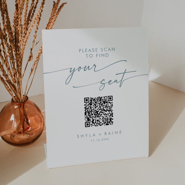 Boho Chic Teal and White Seating Chart QR Code Pedestal Sign (Creator Uploaded)