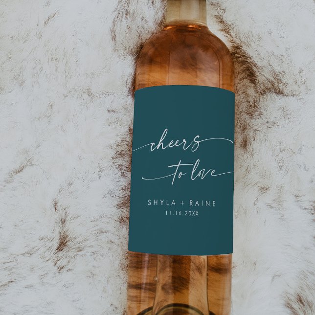 Boho Chic Teal Blue Cheers to Love Wedding Wine Label (Creator Uploaded)