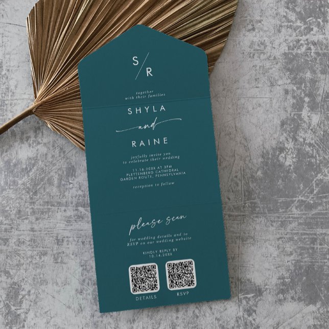 Boho Chic Teal Blue Dual QR Code Wedding All In One Invitation (Creator Uploaded)