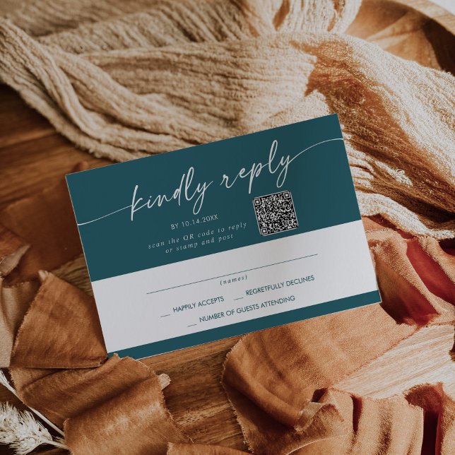 Boho Chic Teal Blue Mail In and QR Code RSVP Card (Creator Uploaded)