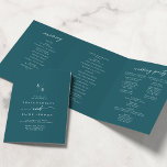 Boho Chic Teal Blue Monogram Wedding Tri-Fold Programme<br><div class="desc">This boho chic teal blue monogram wedding tri-fold program is perfect for a minimalist wedding. The bold dark turquoise jewel tone modern bohemian design features simple rustic calligraphy with a unique yet classic style. Personalise your wedding program with your initials, names, wedding date and location, your favourite quote or lyric,...</div>