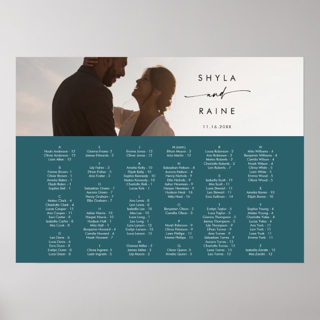 Boho Chic Teal Blue Picture Seating Chart (Front)