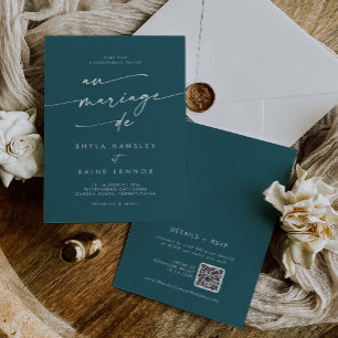 Boho Chic Teal Blue QR Code French Wedding Invitation