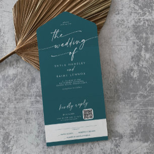Boho Chic Teal Blue QR Code Mail In Wedding All In One Invitation