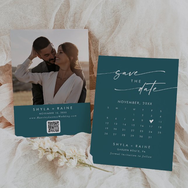 Boho Chic Teal Blue QR Code Photo Calendar Save The Date (Creator Uploaded)