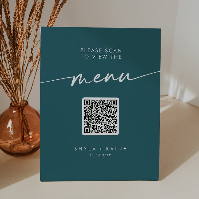 Boho Chic Teal Blue QR Code Wedding Menu Pedestal Sign (Creator Uploaded)