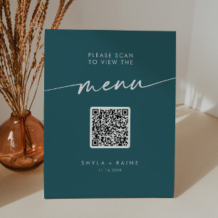 Boho Chic Teal Blue QR Code Wedding Menu Pedestal Sign