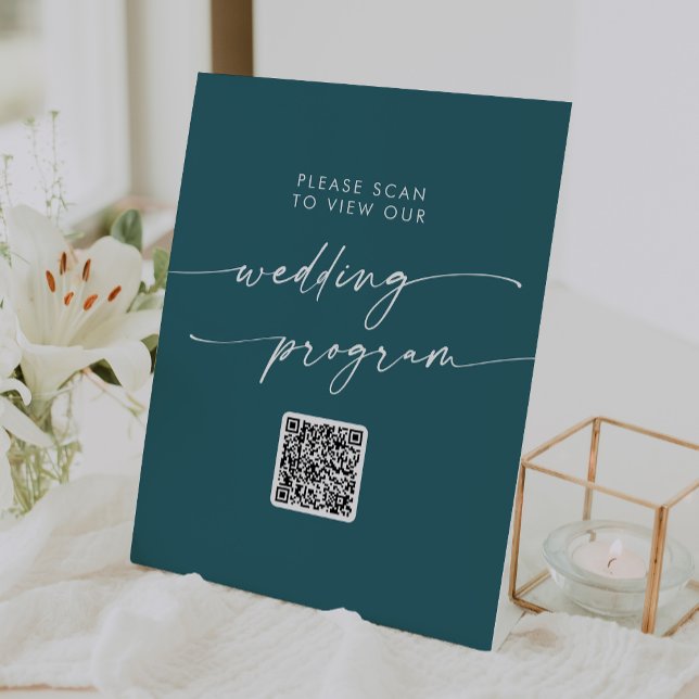 Boho Chic Teal Blue QR Code Wedding Program Pedestal Sign (Creator Uploaded)
