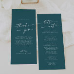 Boho Chic Teal Blue Thank You and Wedding Menu<br><div class="desc">This boho chic teal blue thank you and wedding menu is perfect for a minimalist wedding. The bold dark turquoise jewel tone modern bohemian design features simple rustic calligraphy with a unique yet classic style. Personalise the back of your menu table card with a thoughtful thank you note to your...</div>
