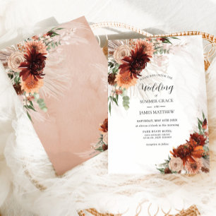 Boho Chic Terracotta Floral Pampas Grass Wedding  Invitation