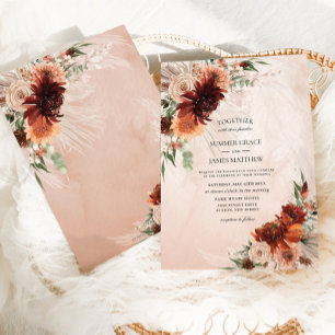 Boho Chic Terracotta Floral Pampas Grass Wedding  Invitation