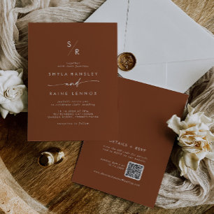 Boho Chic Terracotta Monogram QR Code Wedding Invitation