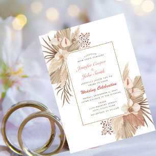 Boho Chic Terracotta Pampas Grass Orchid Wedding  Invitation