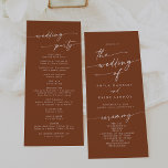 Boho Chic Terracotta Tea Length Wedding Program<br><div class="desc">This boho chic terracotta tea length wedding program is perfect for a minimalist wedding ceremony. The earthy burnt orange modern bohemian design features simple rustic calligraphy with a unique yet classic style. Personalise your wedding program with you names, wedding date, location, order of service, wedding party and optional in loving...</div>