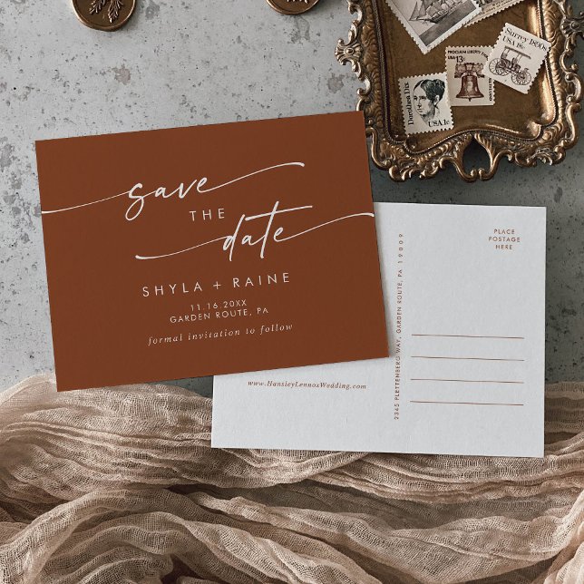 Boho Chic Terracotta Wedding Save the Date Invitation Postcard (Creator Uploaded)