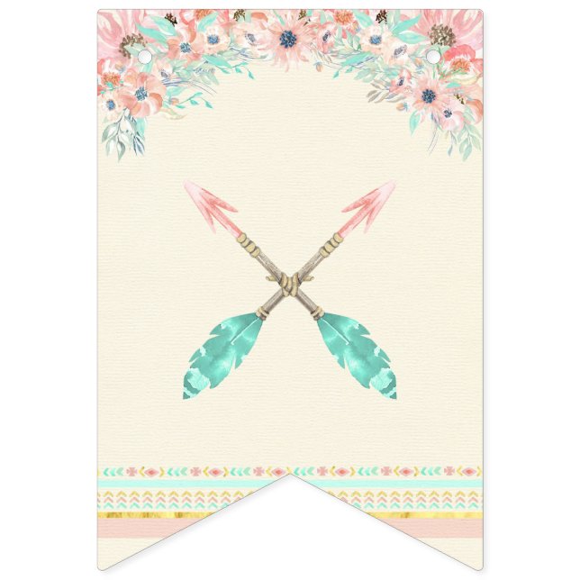 Boho Chic Tribal Arrows Feather Peach Pink Mint Bunting (Tenth Flag)