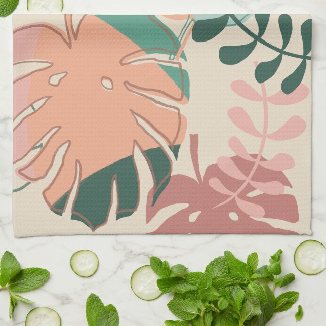 Boho Chic Tropical Monstera Plant Kitchen Towels (Folded)