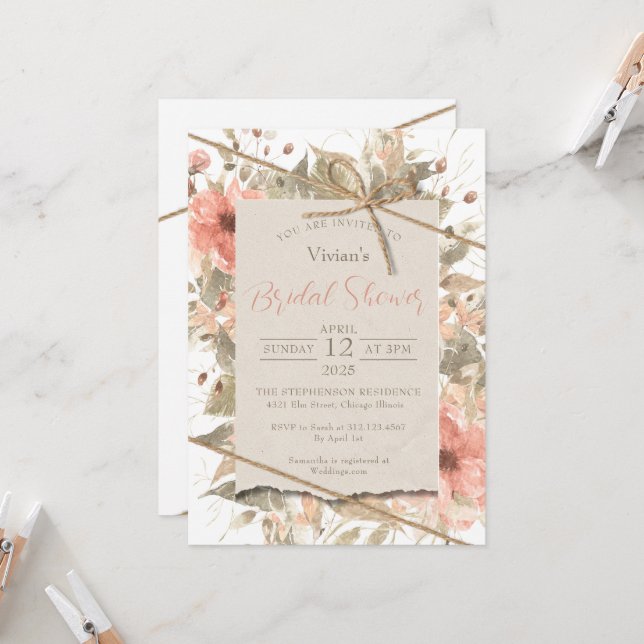 Boho Chic Twine Bow Tie Bridal Shower Invitation (Front/Back In Situ)