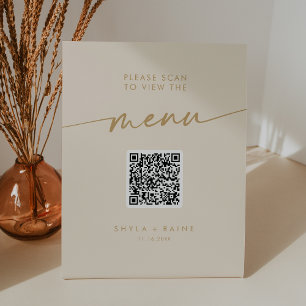 Boho Chic Vintage Gold QR Code Wedding Menu Pedestal Sign