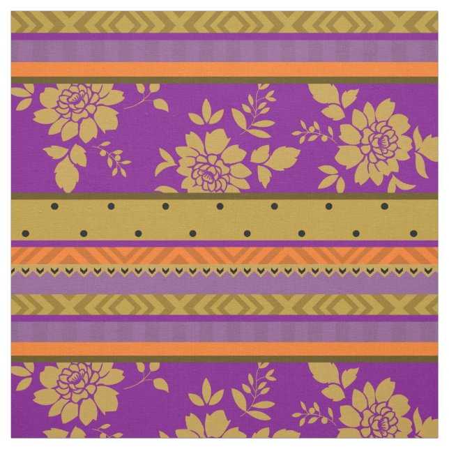 Boho Chic Violet Mustard Yellow Floral Stripes Fabric (Swatch)