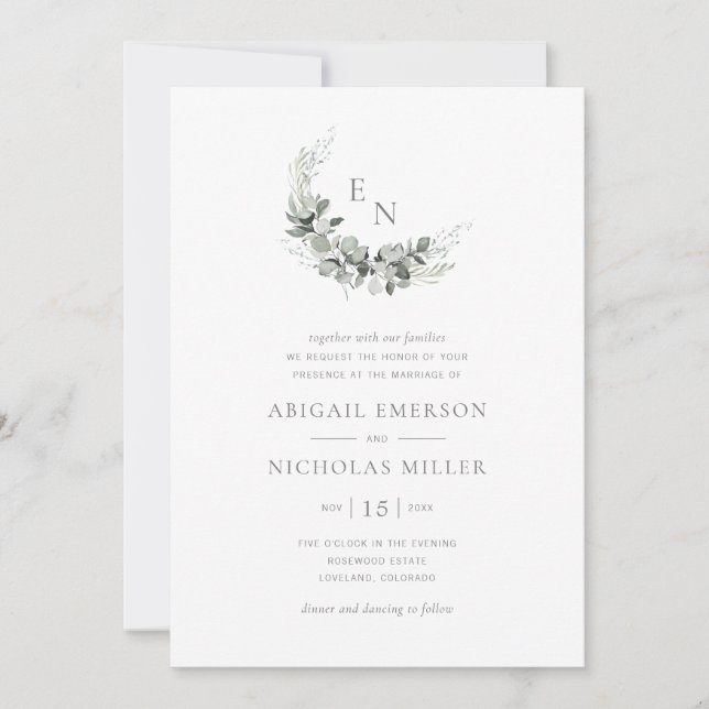 Boho Chic Watercolor Eucalyptus Wedding Invitation (Front)