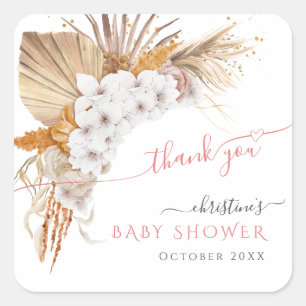 Boho Chic Watercolor Floral Baby Shower Thank You Square Sticker