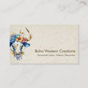 Boho Chic Watercolor Floral Cow Skull  Business Card