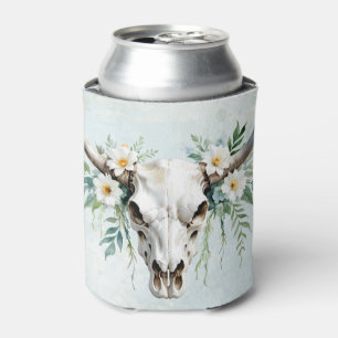 Boho Chic Watercolor Floral Cow Skull Can Cooler
