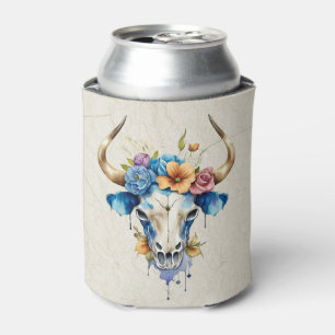 Boho Chic Watercolor Floral Cow Skull Can Cooler