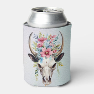 Boho Chic Watercolor Floral Cow Skull Can Cooler