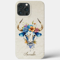 Boho Chic Watercolor Floral Cow Skull