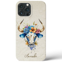 Boho Chic Watercolor Floral Cow Skull 