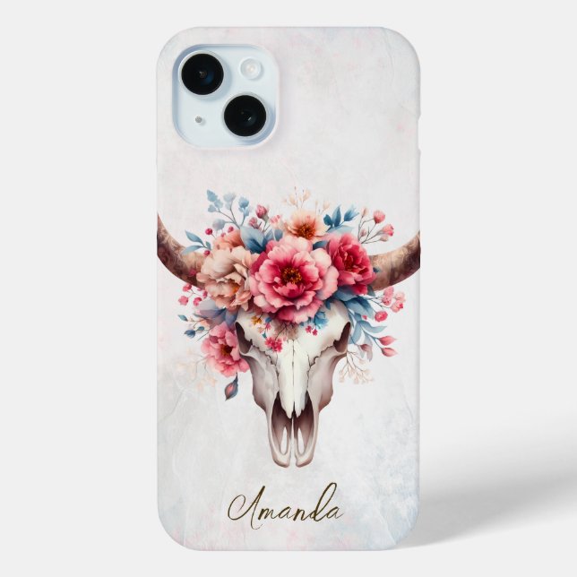 Boho Chic Watercolor Floral Cow Skull  Case-Mate iPhone Case (Back)
