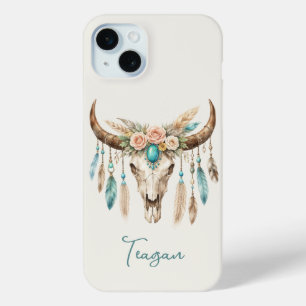 Boho Chic Watercolor Floral Cow Skull iPhone 15 Mini Case