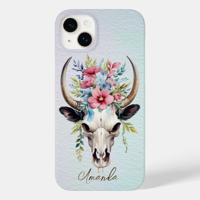 Boho Chic Watercolor Floral Cow Skull  Case-Mate iPhone Case (Back)
