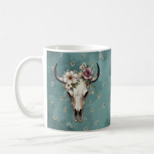 Boho Chic Watercolor Floral Cow Skull  Coffee Mug